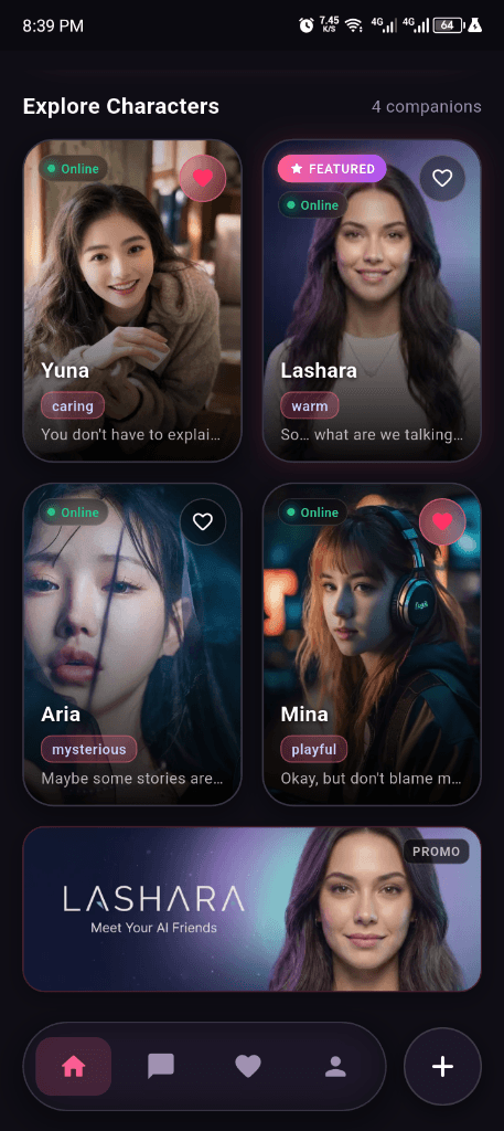 Lashara Mobile App Explore Characters Screen